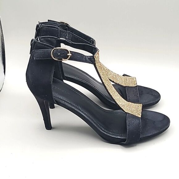 Lane Bryant Black Velvet Ankle Strap Heels with Gold Rhinestones, Size 10W - Picture 2 of 10